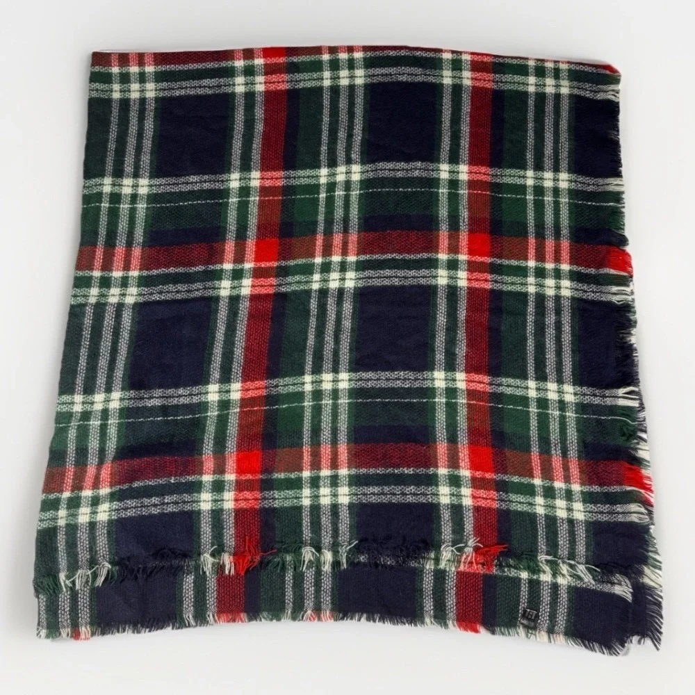Tartan Plaid Blanket Scarf Unisex OS Navy Green Red Frayed Square Cozy Preppy